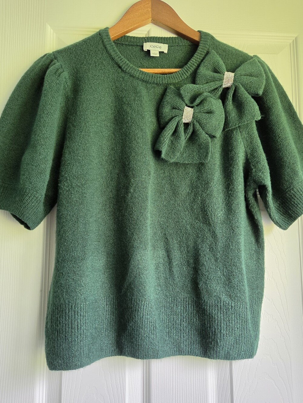 CeCe Bow Detail Short Puff Sleeve Knit Sweater Green Large